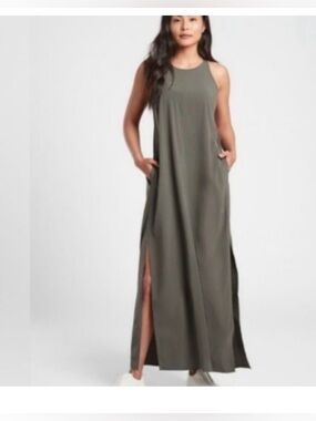 Athleta Hayes Olive Green Pleated Maxi Dress with pockets breathable comfort
